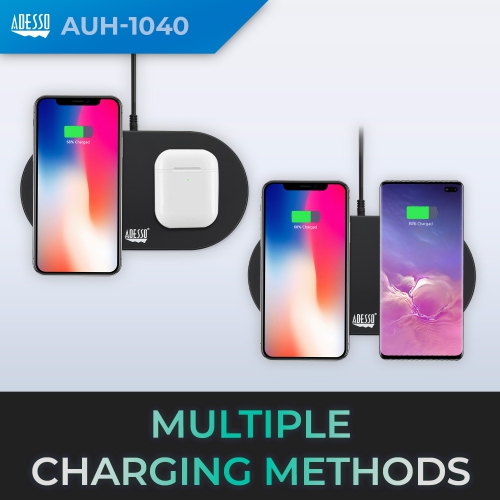 Adesso 15W Max Qi-Certified Dual Wireless Fast Charging Pad, 2-Coil Design, Simultaneous Charging, Non-Slip, Overcharge Protection, Portable, AC