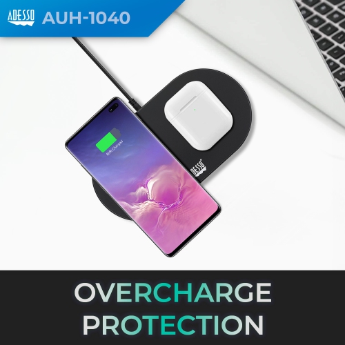 Adesso 15W Max Qi-Certified Dual Wireless Fast Charging Pad, 2-Coil Design, Simultaneous Charging, Non-Slip, Overcharge Protection, Portable, AC