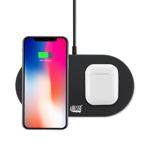 Adesso 15W Max Qi-Certified Dual Wireless Fast Charging Pad, 2-Coil Design, Simultaneous Charging, Non-Slip, Overcharge Protection, Portable, AC