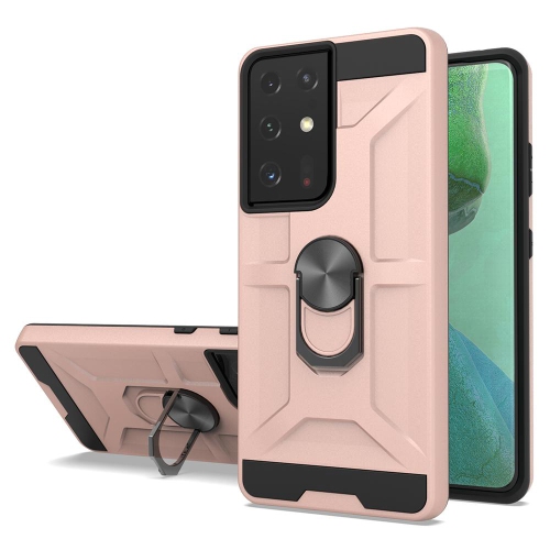 HYFAI Anti-Drop Hybrid Magnetic Hard Armor Case Cover w/Kickstand Ring Holder Stand for Samsung Galaxy S21 Ultra / Ultra 5G, Rose Gold