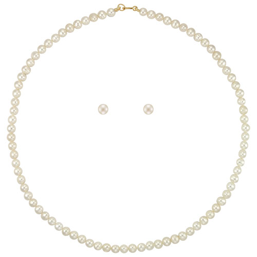 Le Reve Collection White Pearl Necklace & Pearl Stud Earrings Set in 10K Yellow Gold