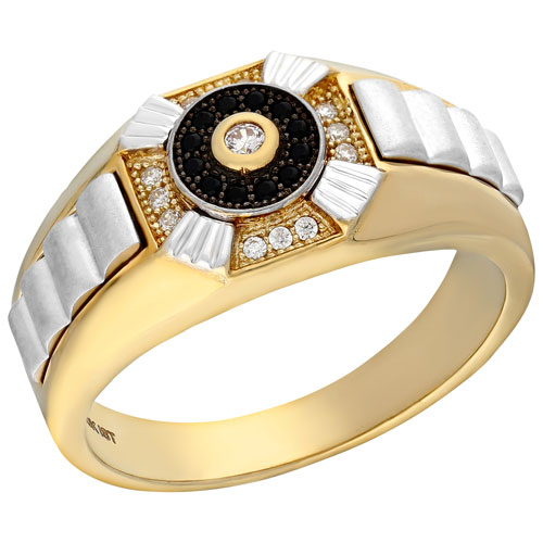 Le Reve Collection Men's White and Black Round Cubic Zirconia Ring in 10K Yellow Gold - Size 11