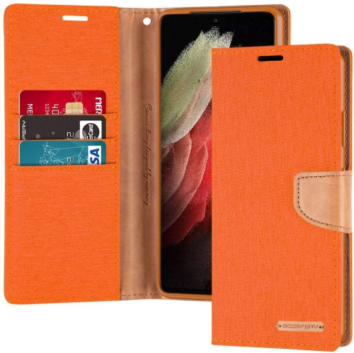 HYFAI Diary Case Cover w/Magnet Clip Wallet CANVAS Card Holder Fabric Folio Wallet Flip Stand For Samsung S21 Plus 5G, Orange