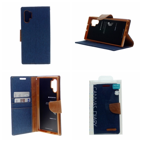 HYFAI Diary Case Cover w/Magnet Clip Wallet CANVAS Card Holder Fabric Folio Wallet Flip Stand For Samsung Galaxy Note 10 / Note10, Navy Blue