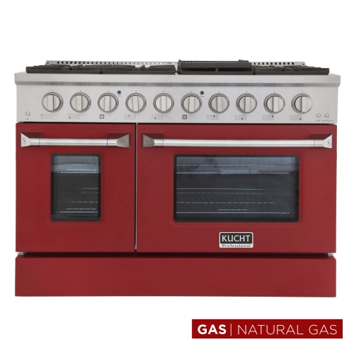 Image 1 de 10.. KUCHT Professional Cuisinière au gaz naturel de 48 po avec 8 brûleurs et four à convection en rouge