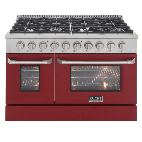 Cuisinière au gaz propane de 48 po Professional de KUCHT avec 8 brûleurs, gril/plaque chauffante et four à convection, rouge