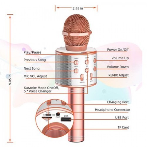 Microphone portatif sans fil Bluetooth pour karaoké avec haut-parleur de microphone