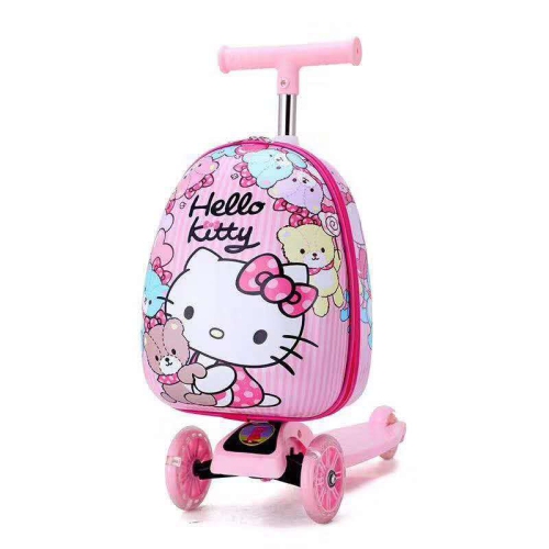Hello Kitty Mouse Kick Scooter Luggage for Kids 2-8 Years Old with 3 Wheels with LED Flashing Kids Scooter Travel Trolley Luggage with Cartoon Skateb