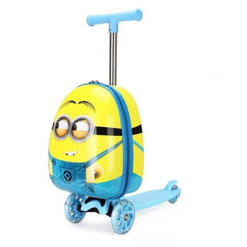 Minions Kick Scooter Luggage for Kids 2-8 Years Old with 3 Wheels with LED Flashing Kids Scooter Travel Trolley Luggage with Cartoon Skateboard Bag f