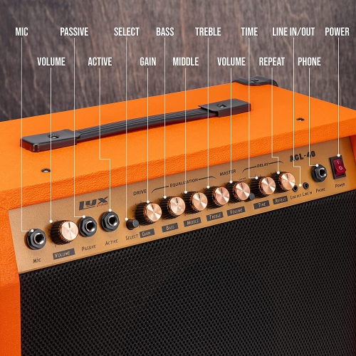 LyxPro 40 Watt Guitar Amplifier Built In Speaker Active Passive, Headphone And Microphone,Aux Input Includes Gain Bass Middle Treble Delay Time