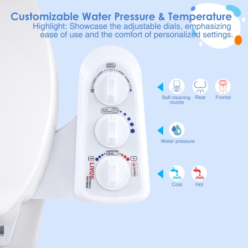 Hot and Cold Water Toilet Bidet, Self Cleaning Dual Nozzle Non-Electric Mechanical Bidet Toilet Attachment with Adjustable Water Pressure and