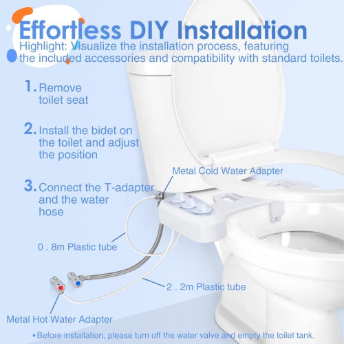 Hot and Cold Water Toilet Bidet, Self Cleaning Dual Nozzle Non-Electric Mechanical Bidet Toilet Attachment with Adjustable Water Pressure and