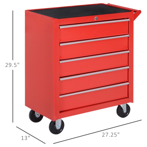 HOMCOM 5 Drawer Roller Tool Chest, Mobile Lockable Toolbox, Storage Organizer with Handle for Workshop Mechanics Garage, Red