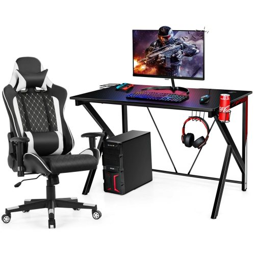 Gymax Gaming Desk&Massage Gaming Chair Set w/Headphone Hook & Game Storage