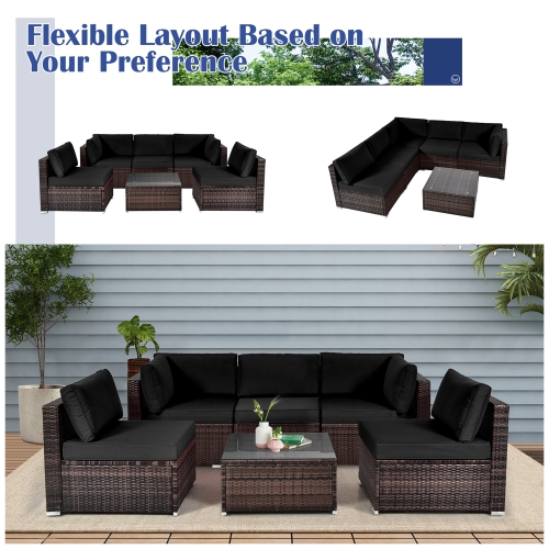 Gymax 6PCS Rattan Outdoor Sectional Sofa Set Patio Furniture Set w/ Black Cushions