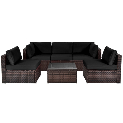 Gymax 6PCS Rattan Outdoor Sectional Sofa Set Patio Furniture Set w/ Black Cushions