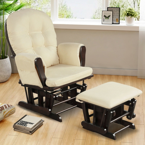 Gymax Glider and Ottoman Cushion Set Wood Baby Nursery Rocking Chair