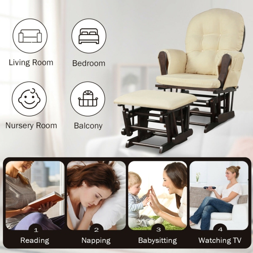 Gymax Glider and Ottoman Cushion Set Wood Baby Nursery Rocking Chair
