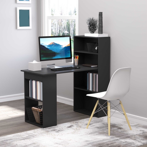 HOMCOM Modern Computer Desk with Storage Shelves, 47" Writing Table Workstation with Bookshelf for Home Office, Black