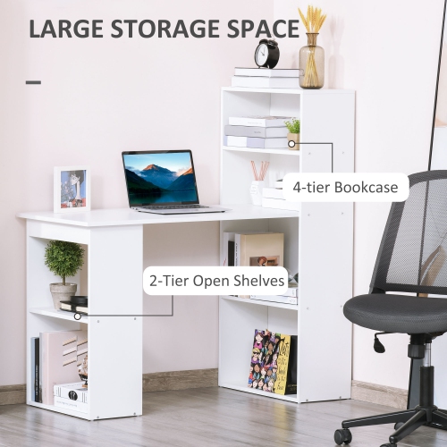 HOMCOM Modern Computer Desk with Storage Shelves, 47" Writing Table Workstation with Bookshelf for Home Office, White