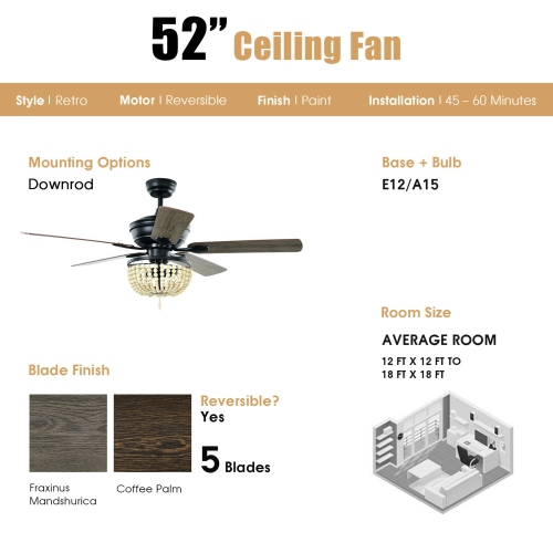 Gymax 52'' Retro Ceiling Fan Light w/ Reversible Blades Remote Control