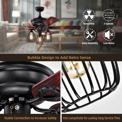 Gymax 52'' Ceiling Fan w/ Lights 5 Reversible Blades 3 Lights Retro Ceiling Fan
