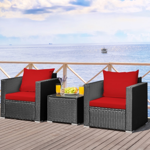 GYMAX  3PCs Rattan Patio Conversation Furniture Set Outdoor W/ Cushions In Red