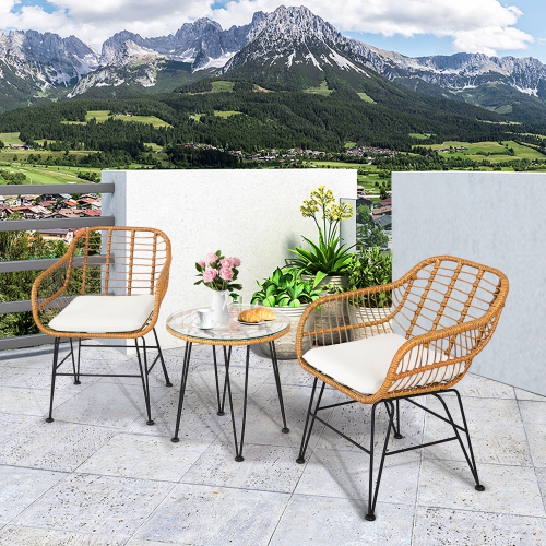 GYMAX  3PCs Rattan Patio Bistro Set Conversation Furniture Set W/ Cushions