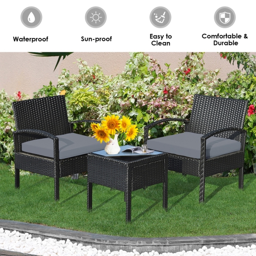 Gymax 3PCS Patio Rattan Conversation Furniture Set Outdoor Yard w/ Grey Cushions