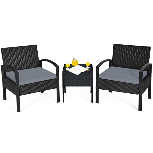 Gymax 3PCS Patio Rattan Conversation Furniture Set Outdoor Yard w/ Grey Cushions
