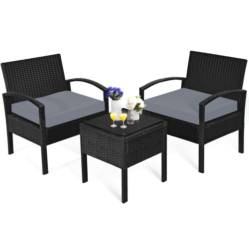 Gymax 3PCS Patio Rattan Conversation Furniture Set Outdoor Yard w/ Grey Cushions