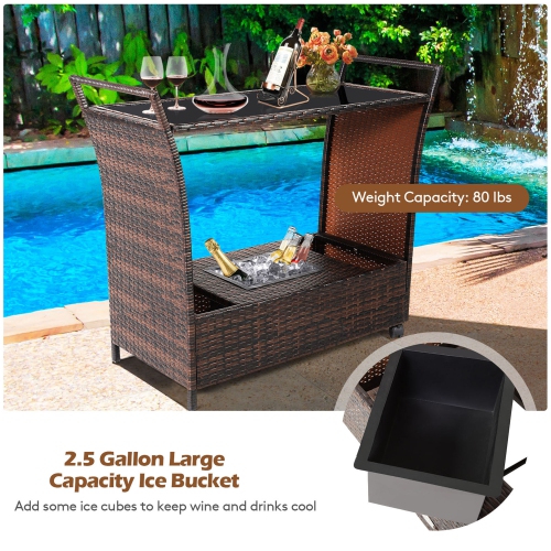 Gymax Rattan Patio Bar Cart Beverage Bar Counter Table w/ Wheels & Ice Bucket