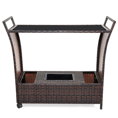 Gymax Rattan Patio Bar Cart Beverage Bar Counter Table w/ Wheels & Ice Bucket