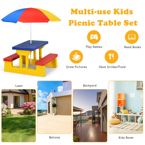 Costway Kids Picnic Table Set W/Removable Umbrella Indoor Outdoor Garden Patio