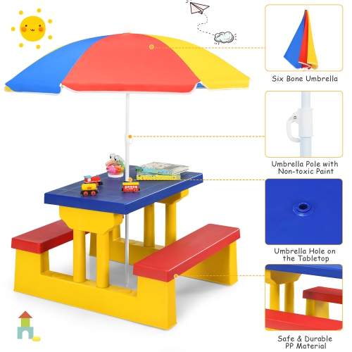 Costway Kids Picnic Table Set W/Removable Umbrella Indoor Outdoor Garden Patio