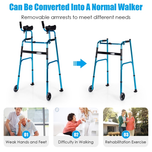 Costway Folding Wheel Walking Frame Adjustable Alloy Walker W/Armrest Support