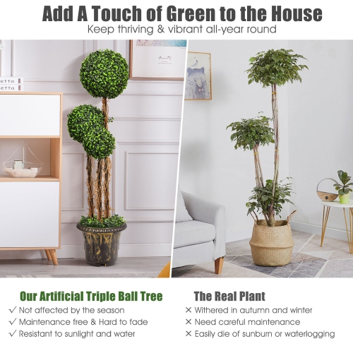 Costway 4’Artificial Topiary Triple Ball Tree Plant Outdoor Indoor UV Resistant