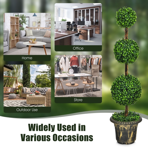 Costway 4' Artificial Topiary Triple Ball Tree Plant Indoor Outdoor UV Resistant