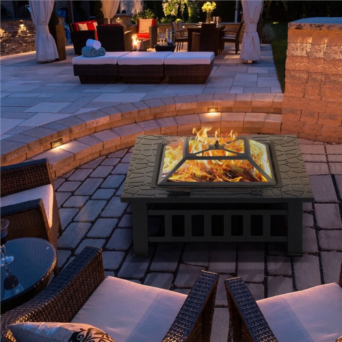 Crown Square 32 Inch Steel Outdoor BBQ Wood Burning Fire Pit