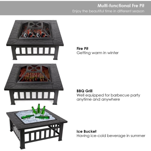 Crown Square 32 Inch Steel Outdoor BBQ Wood Burning Fire Pit