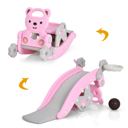 Ensemble 4-en-1 Rocking Horse & Slide pour jeune enfant de Costway avec panier de basketball