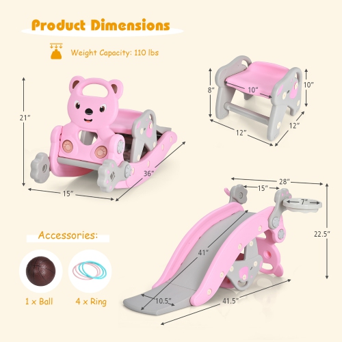 Ensemble 4-en-1 Rocking Horse & Slide pour jeune enfant de Costway avec panier de basketball