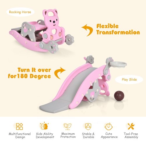 Ensemble 4-en-1 Rocking Horse & Slide pour jeune enfant de Costway avec panier de basketball