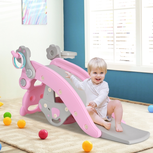Ensemble 4-en-1 Rocking Horse & Slide pour jeune enfant de Costway avec panier de basketball