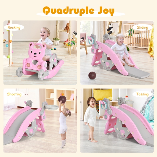 Ensemble 4-en-1 Rocking Horse & Slide pour jeune enfant de Costway avec panier de basketball