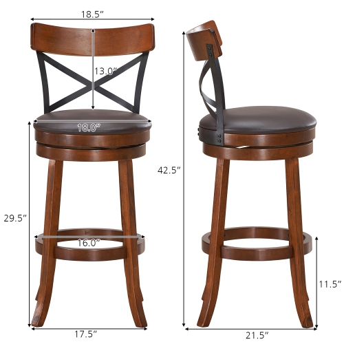 Costway Set of 2 Bar Stools Swivel 29.5'' Dining Bar Chairs with Rubber Wood Legs