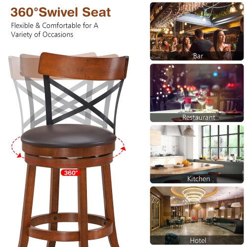 Costway Set of 2 Bar Stools Swivel 29.5'' Dining Bar Chairs with Rubber Wood Legs