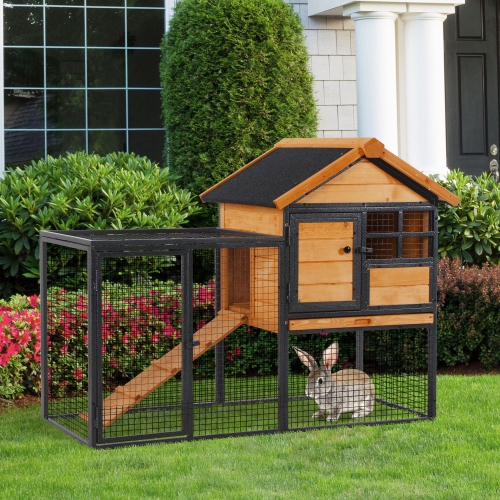 PawHut Wood-Metal Large Rabbit Hutch Bunny Cage Pet House Small Animal Habitat with Slide-Out Tray, Lockable Door, Water-Resistant Asphalt Roof,
