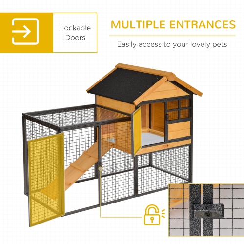 PawHut Wood-Metal Large Rabbit Hutch Bunny Cage Pet House Small Animal Habitat with Slide-Out Tray, Lockable Door, Water-Resistant Asphalt Roof,