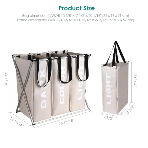 Panier à linge pliable à 3 sections, sacs à linge avec doublure pour la lessive organisateur pour chambre à coucher, salle de bain, buanderie